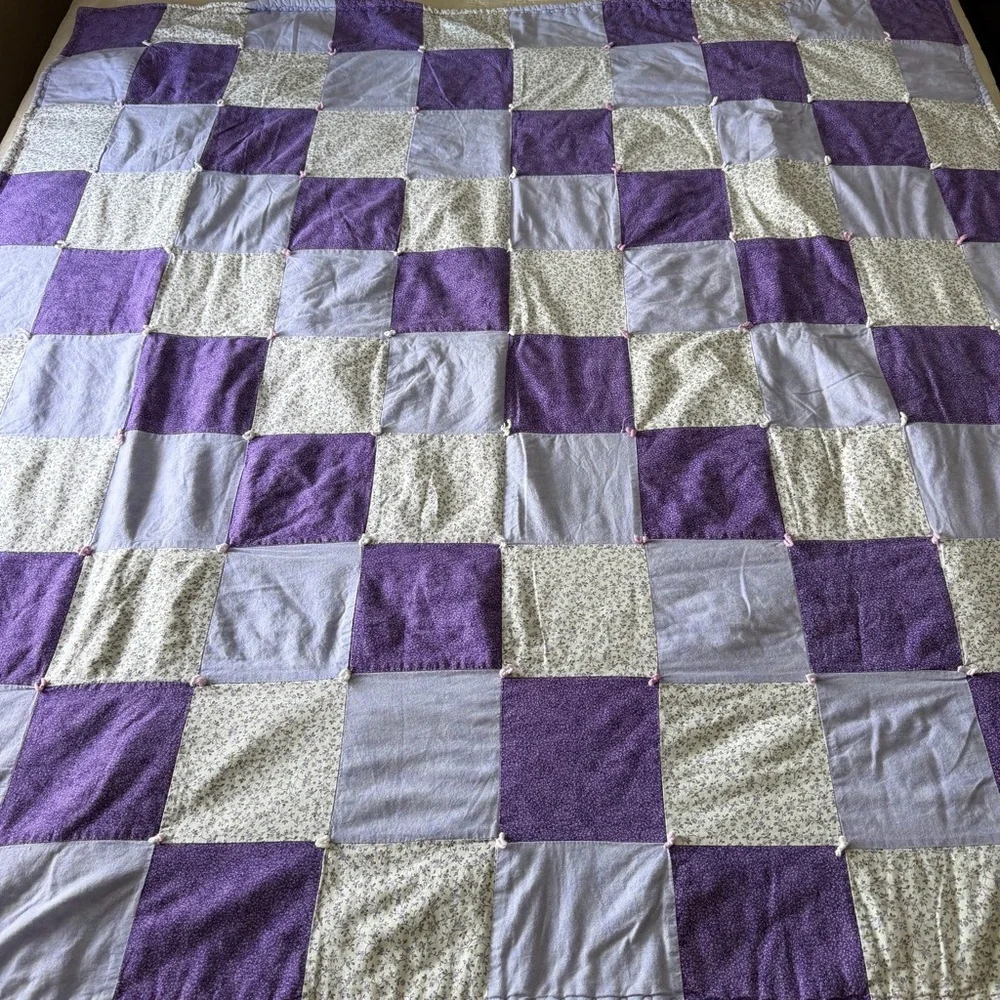 Vintage Patchwork Quilt – Purple & Lavender Floral – Hand-Tied – 57” x 57”